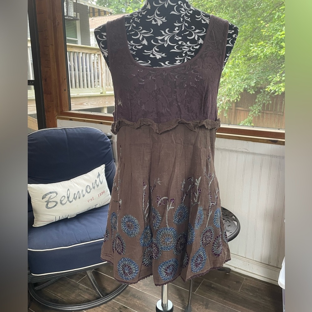 Free People Purple and Brown Embroidered Tank Top